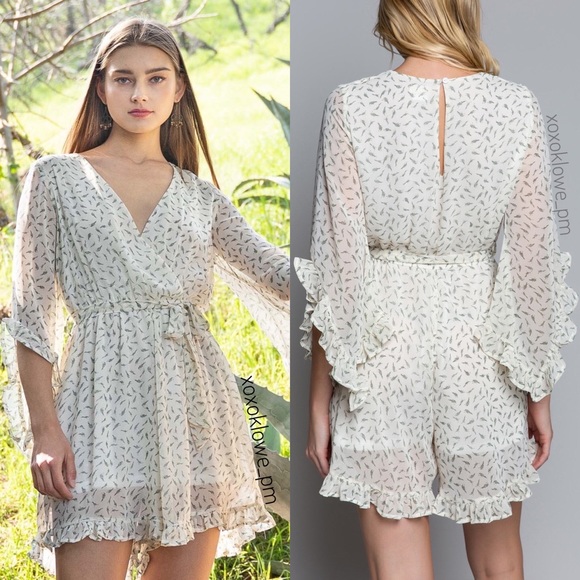 POL Ivory Ditzy Leaf V Neck 3/4 Sleeve Tie Waist Ruffle Romper - Picture 12 of 13